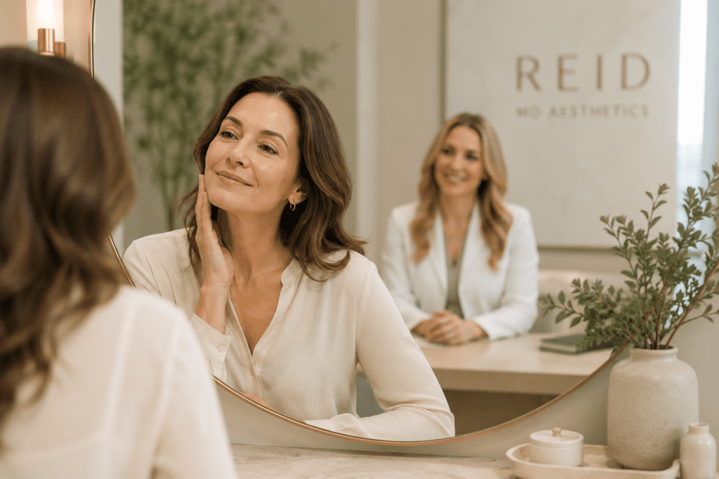 confident woman at Reid MD Aesthetics, a med spa in ahwatukee, phoenix az that uses Aura Ai skin imaging for skincare consultations